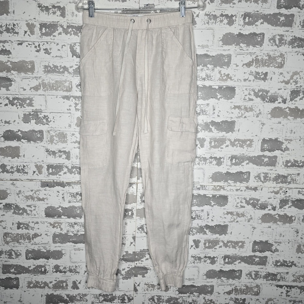 Nicole Miller New York Cargo Pants Womens Small Beige 100% European Flax‎ Linen